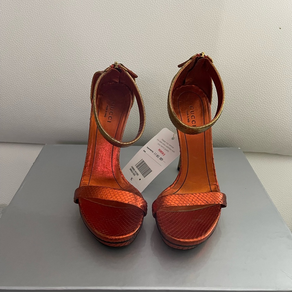 Gucci Metallic Orange Leather High Heel Sandals
